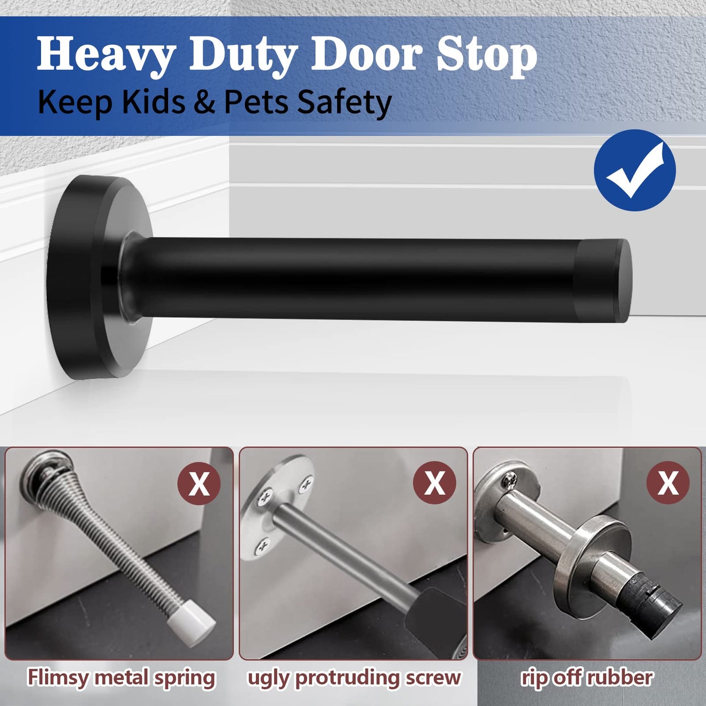 8 Inch Door Stop, Extra Long Door Stopper, Wall Mounted, Black Doorstops Extended Door Holder Protection, Stainless Steel Door Stops Bumper Rubber Tips Sound Dampening