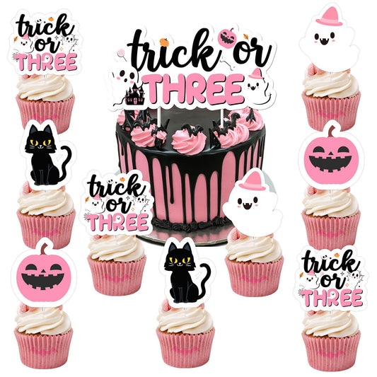 Trick or Three Cake Cupcake Toppers Pink Halloween 3rd Birthday Party Decorations Boo Ghost Pumpkin Bats Cake Decor Double-Sided Printing for Girls Third Booday Party Decor Supplies