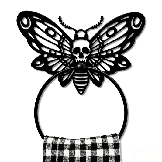 MAYJOYDIY Death Head Moth Metal Towel Ring Halloween Skeleton Insects Towel Holder Bath Towel Ring Black Art Towel Rack for Bathroom Kitchen Towel Hanger Home Decors Gift