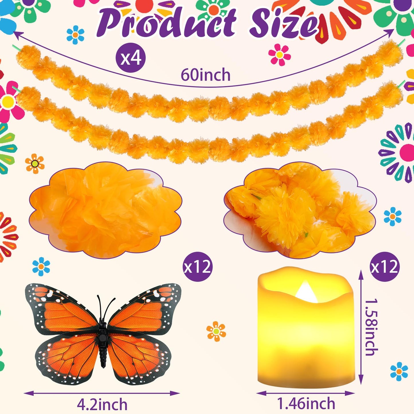 Fulmoon 46 Pcs Day of The Dead Altar Decoration Dia De Los Muertos Decor Include 4 Marigold Garland 12 Flameless Candles 2 Mexican Banner 12 Monarch Butterfly 6 Marigold Flower Head 10 Paper Dollies