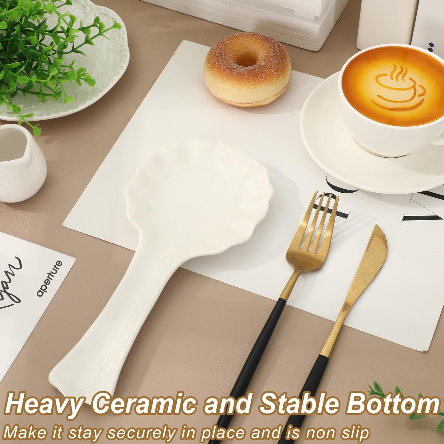 FYSUIMU 8.9 Inch Scalloped Edge Spoon Rest White Spoon Holder Minimalist Modern Ceramic Utensil Rest for Stove Top Farmhouse Kitchen Accessories