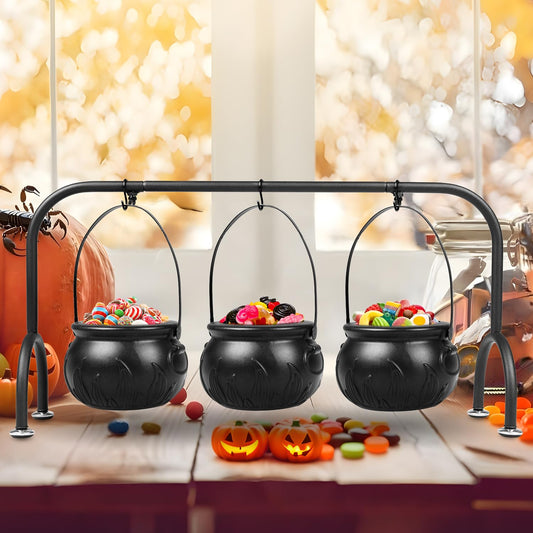 inin Halloween Party Decorations Indoor,Set of 3 Witches Cauldron Candy Serving Bowls With Rack, Easter Candy for Kids, Halloween Party Supplies,Black Plastic Candy Cauldron for Table Decor
