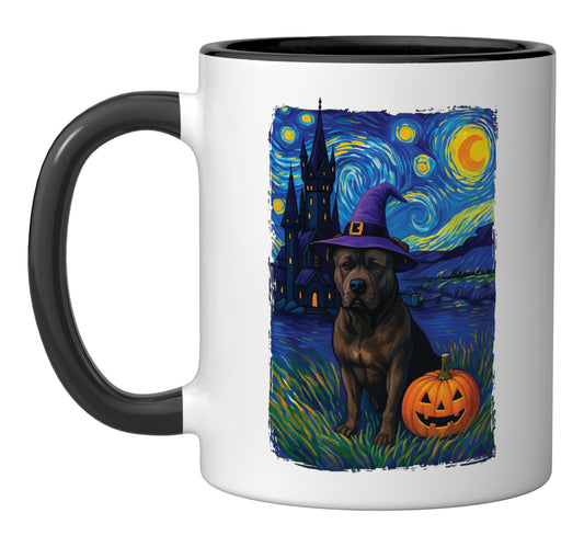 Pitbull Starry Night Halloween Ceramic Mug, Black/White