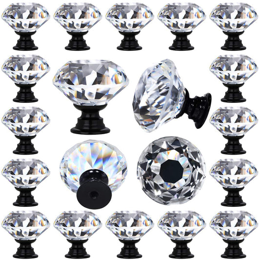 DEELF OUTLET 12 Packs Crystal Cabinet Knobs Drawer Pulls and Knobs Diamond Dresser Handles Crystal Pulls for Drawers - 30 mm Clear Glass Cabinet Knob with Black Base