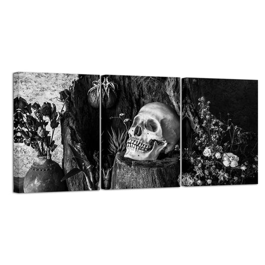 NutArtPic Skull Painting Day of the Dead Wall Art Black White Skull Flower Wall Picture Gothic Skeleton Canvas Gallery Wrapped (Black White, Small)