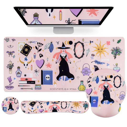 Petmolico Mouse Pad Set with Computer Keyboard Desk Pad,Mouse Pad with Wrist Rest,Typing Wrist Pad and Cup Coasters,Ergonomic Design for Typing Pain Relief [Pink,Halloween]