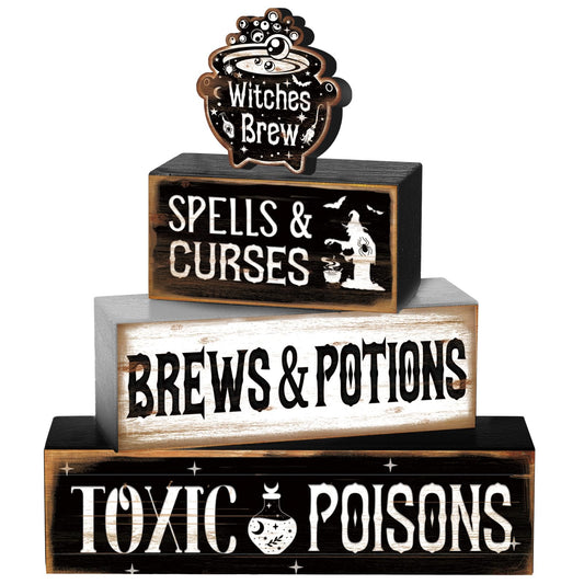 4 Pcs Halloween Table Decor Witches Brew Wooden Sign Halloween Tiered Tray Decor Farmhouse Witches Tabletop Centerpiece Spells Curses Potions Wooden Block Signs for Home Office Kitchen Shelf