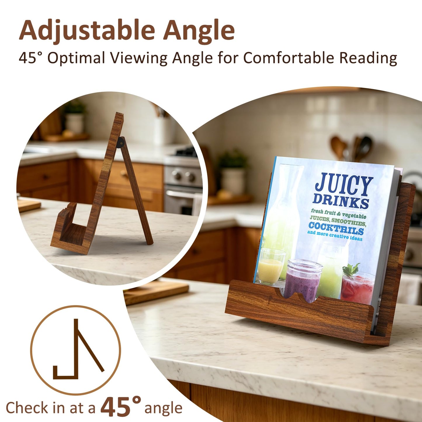 LWSFF Acacia Wood Cookbook Stand for Kitchen Counter | Adjustable Recipe Book Holder for Thick Cookbooks, Recipe Binders & Tablets, Solid Wood Kitchen Decor Gift for Home Cooks