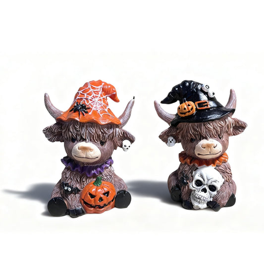 Bokynu Highland Cow Figurine Decor, Halloween Resin Highland Cow Statue Kitchen Decorations Indoor, Calf Lovers Gifts (2 Pcs)