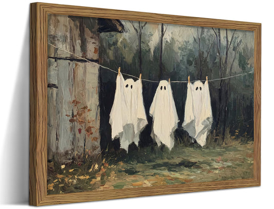 Halloween Ghost Wall Art, Vintage Rustic Cottage Clothesline Ghost Canvas Wall Decor Painting, Gothic Spooky Farmhouse Halloween Artwork Prints Pictures for Bedroom Bathroom 16x24 Inch Wood Framed