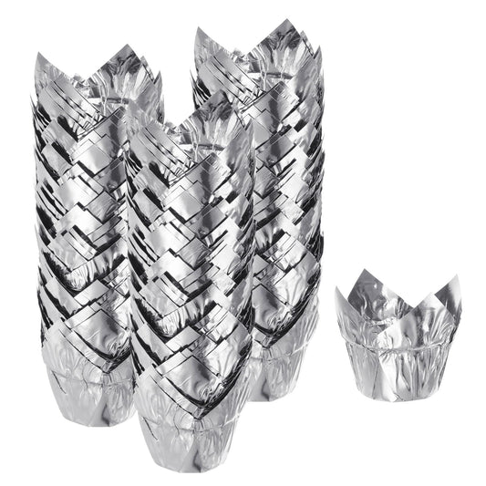 HARFINGTON 150Pcs Tulip Cupcake Liners Standard Aluminum Foil Baking Cups Greaseproof Wrappers Disposable for Birthday Banquets Party, Silver Tone