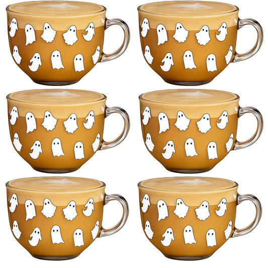 Sliner 6 Pcs Halloween Glass Coffee Mugs with Handle, 16 oz Clear Irish Coffee Mugs Halloween Ghost Footed Irish Glasses Cups for Beverages Latte Hot Chocolate(Ghost)