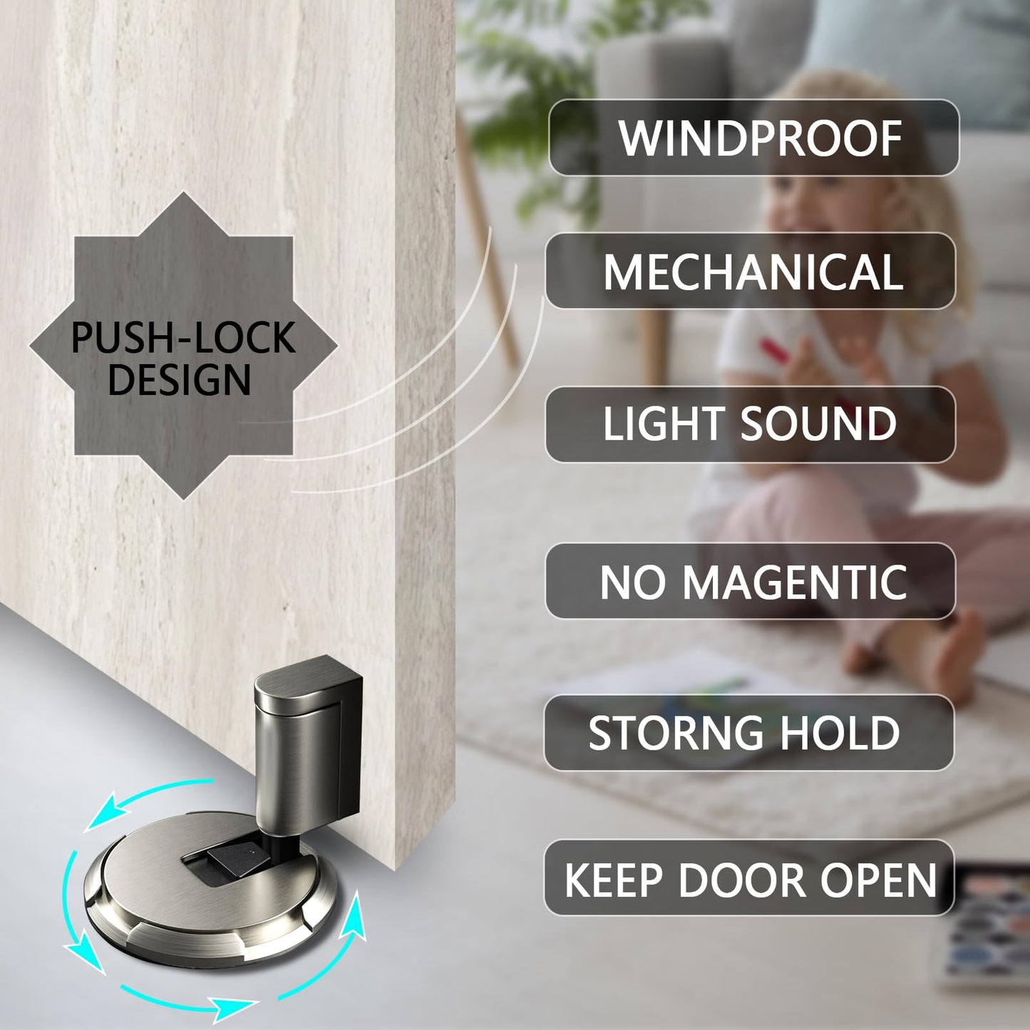 HOOFUS No Magnetic Mechanical Floor Door Stopper,Adjustable Door Holder, for Door Gaps up to 0.75 Inch in Height,Nail Free or Screws (Matte Brushed Nickel, 1 Pack)