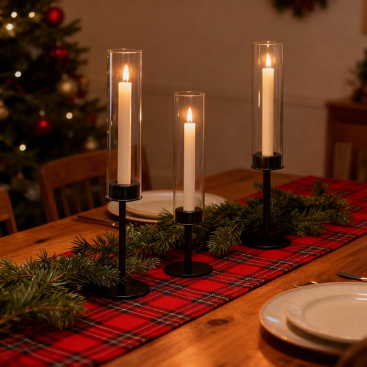 Black Hurricane Glass Candle Holders Set of 3, Tall Metal Taper Candle Stick Holder, Clear Candlestick Holders, Table Centerpieces Decor for Dining Dinner, Weddings, Christmas Fireplace Decorations