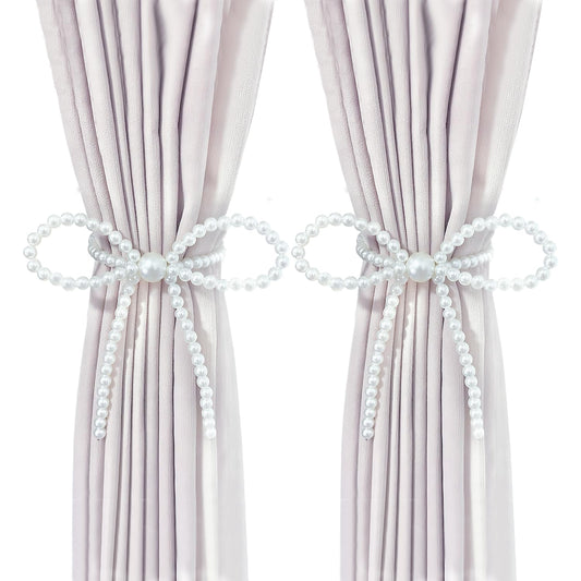 Pearl Bow Magnetic Curtain Tiebacks 2 Pack, No Drill Curtain Holdbacks with Strong Magnets, Decorative Pearl Curtain Holders for Living Room Bedroom Home Decor