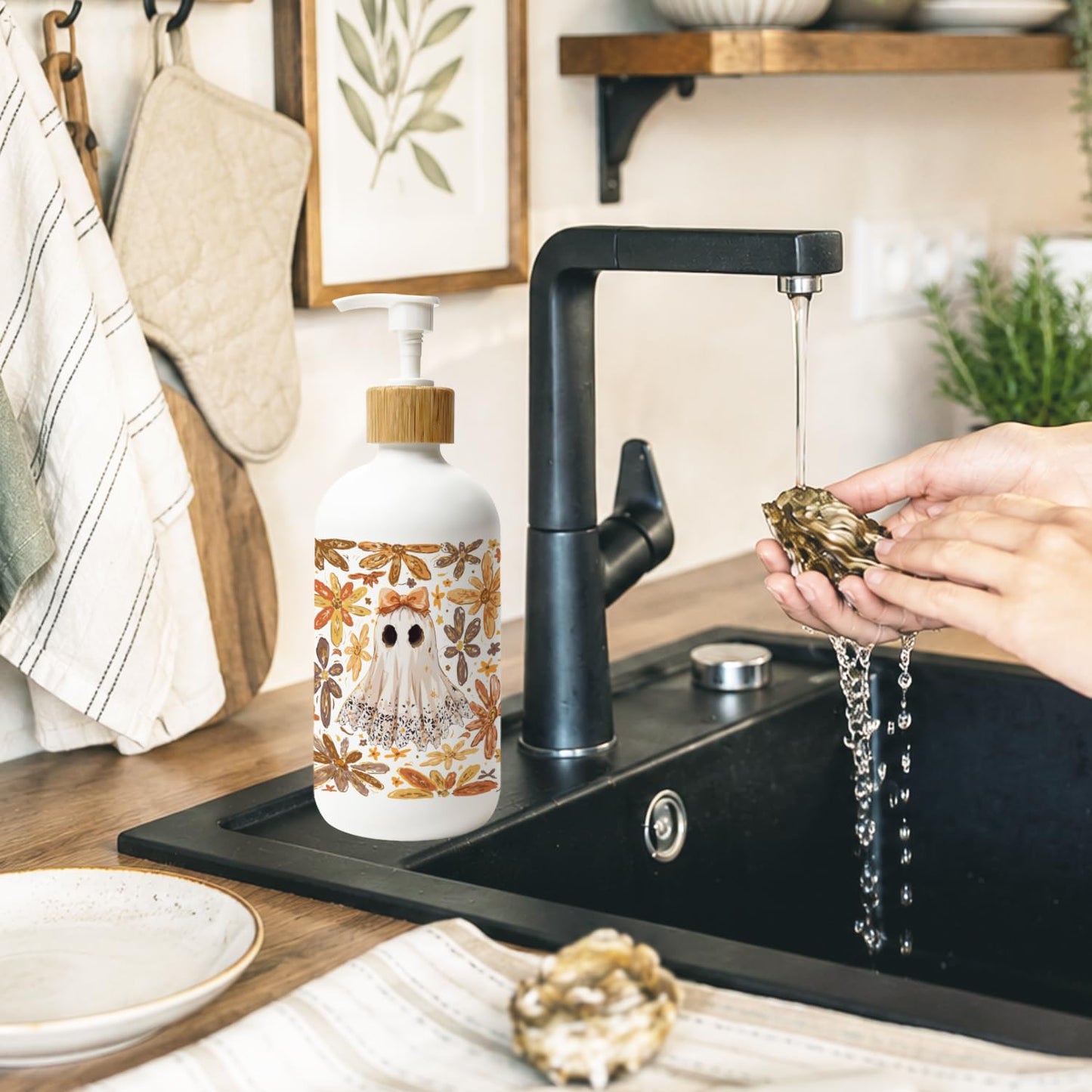 Stelloriellea Boho Halloween Ghost Glass Soap Dispenser with Pump