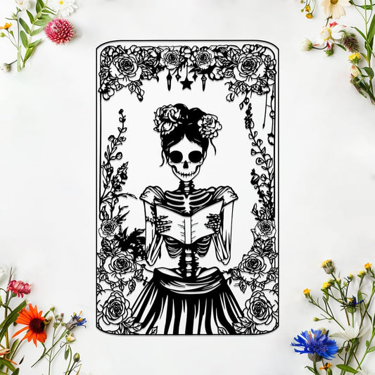 Skull Flower Metal Sign Art Decor,Skull Reading Book Silhouette Signs Wall Hanging Gifts for Birthday Halloween,Female Skeleton Plaque Decorate for Living Room Bedroom Garden Farmhouse Indoor Outdoor