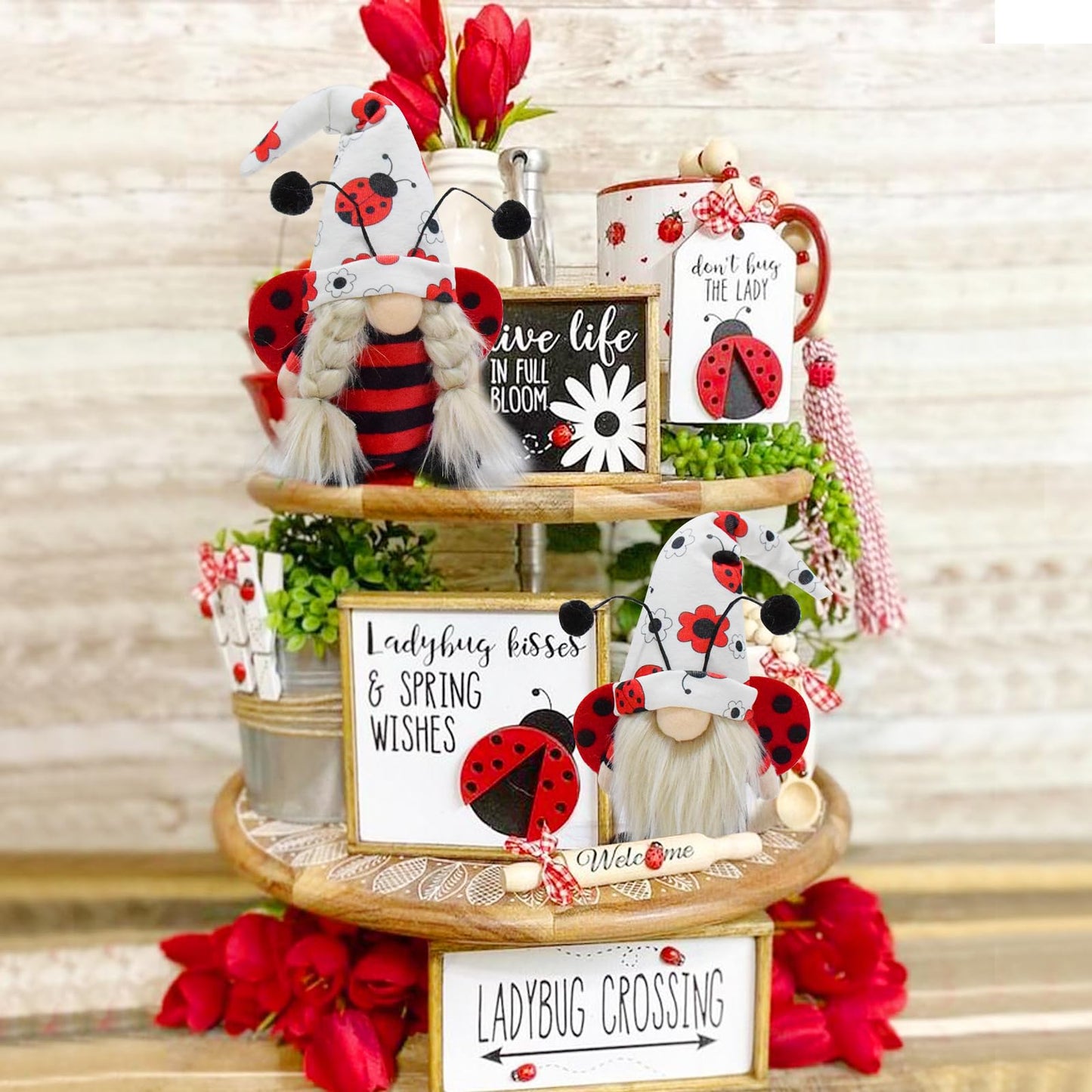 Vytina 2 Pcs Ladybug Gnomes Gift Cute Little Ladybugs Couple Gnome Plush Spring Summer Autumn Swedish Tomte Ladybird Doll Elf for Home Farmhouse Tiered Tray Decor