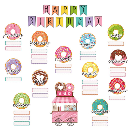 JarThenaAMCS 62 Pcs Donut Cut-Outs with Glue Points Happy Birthday Cutouts Sweet Donut Time Paper Cutting for Party Supplies Classroom Back to School Bedroom Bulletin Board Decor