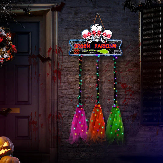 Tiaxidex Halloween Broom Parking Sign, Witch Decor, Porch and Door Decorations, Lighted Witch's Broom for Outdoor, Indoor
