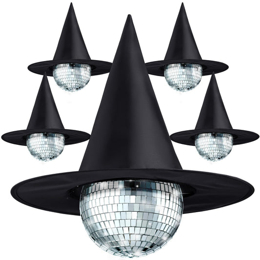 Halfchet 4 Set Large Halloween Hanging Mirror Disco Ball Ornaments with 15 Inch Black Witch Hat Halloween Hanging Decorations for Tree Party Stage Home Decor