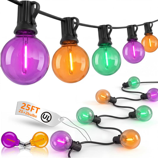 LED Outdoor String Lights 25Ft Orange Purple and Green Halloween Lights Outdoor with 27 Shatterproof LED Globe Bulbs, Connectable Halloween Decorations Lights for Home Patio Garden Christmas Party