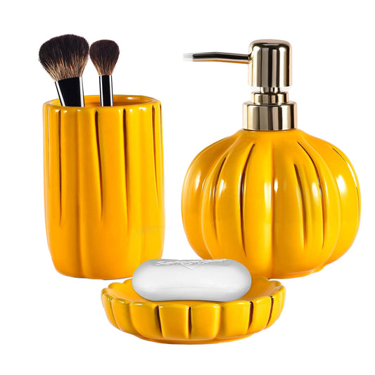 Ceramic Bathroom Accessories Set of 3, Thanksgiving Pumpkin Bathroom Decor, Fall Bathroom Sets Complete -Toothbrush Holders, Soap Dispenser, Soap Dish, Bathroom Organizer for Countertop