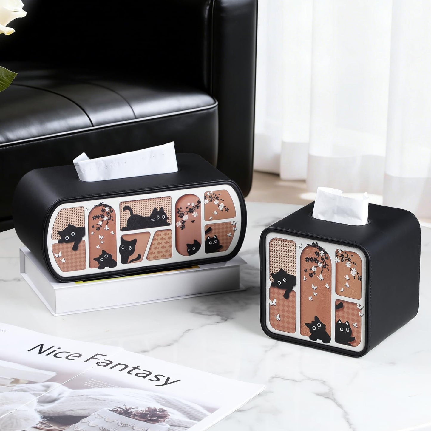 MEIBOOCH Cat-Themed Tissue Box Cover, Cat Lover Gifts PU Leather Tissue Cover, Square/Rectangular Tissue Holder for Bathroom Living Room Office (Black, Rectangle - for 120/160 Count Tissue Boxes)