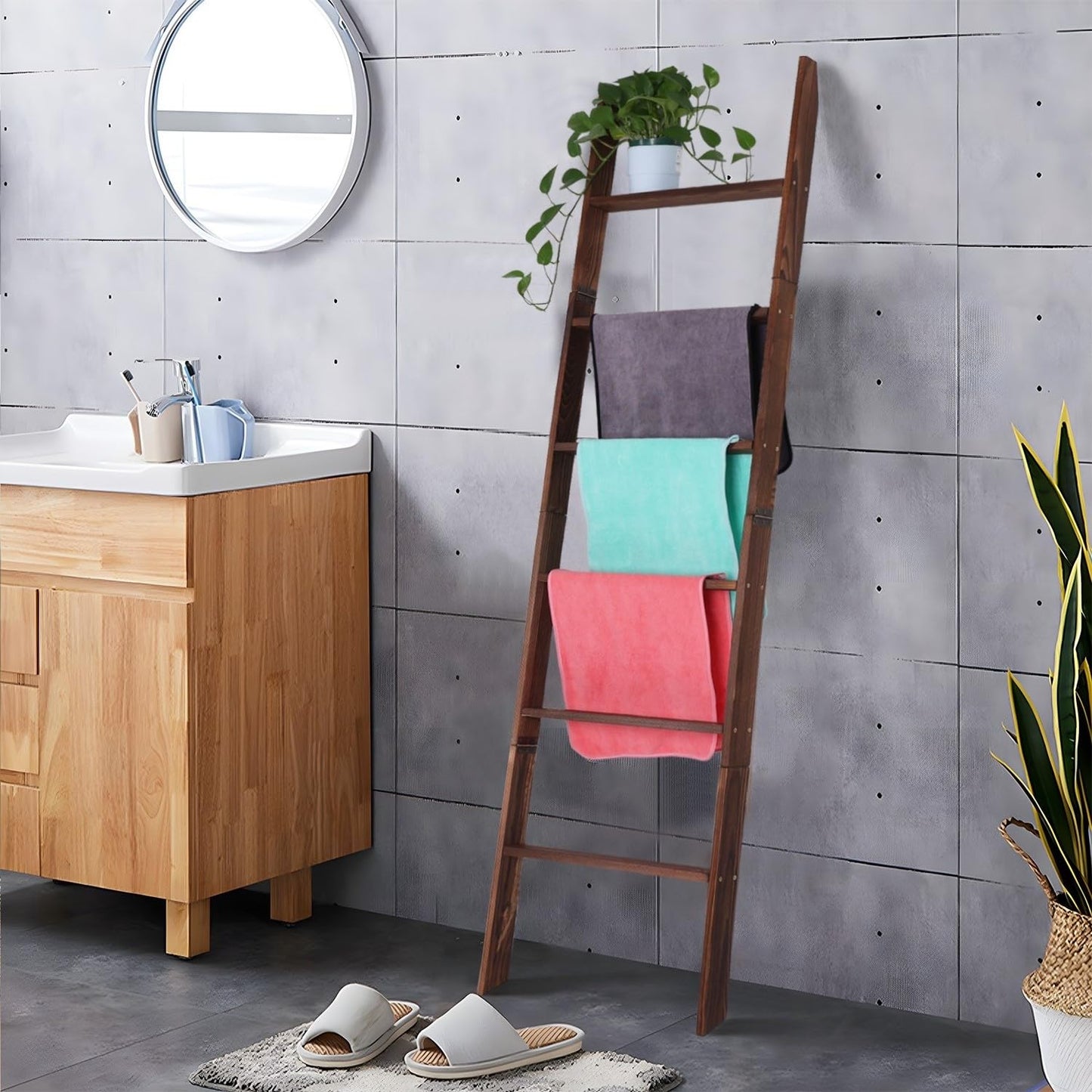 Zelbuck Blanket Ladder for Living Room and Bedroom,6-Tier Decorative Display Ladder Shelf,Ladder Rack for Storage and Decor,Wall Leaning Farmhouse Blanket Storage,Towel Rack, Bathroom,Brown