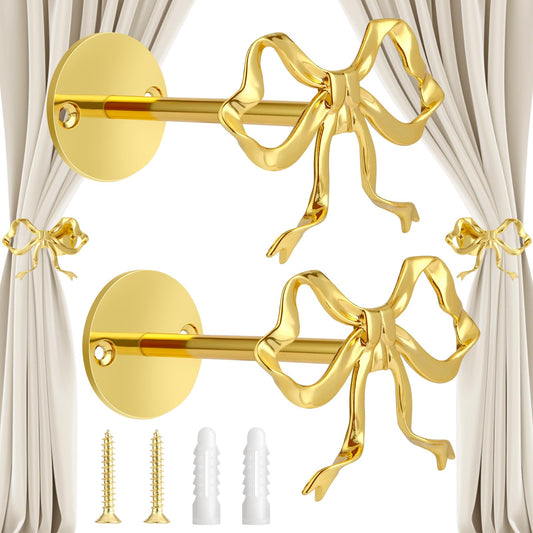 2 Pcs Gold Bow Curtain Tiebacks, Bow Curtain Holdbacks Wall Mounted, Suitable for Curtains and Bow Room Decoration