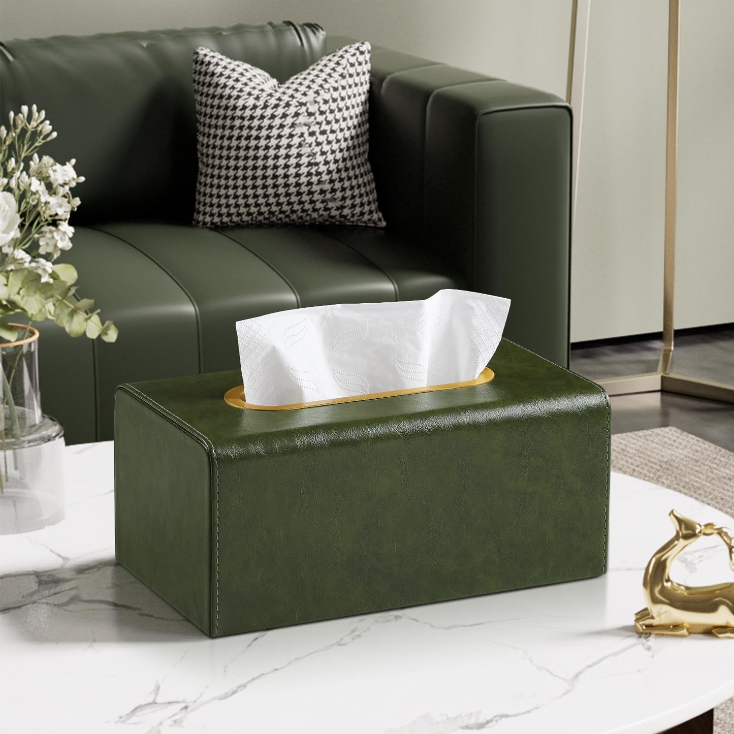 MEIBOOCH PU Leather Tissue Box Cover Rectangular Tissue Box Holder for Boxes Up to 3.9" Tall, Decorative Rectangle Tissue Cover for Bathroom Living Room Car Office (Dark Green)