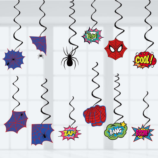 Spider Birthday Decorations Heros Party Decor, Assembled and Ready to Use, Spider Web Theme Party Hanging Swrils 24pcs Party Streamers Kids Birthday Party Decor Supplies