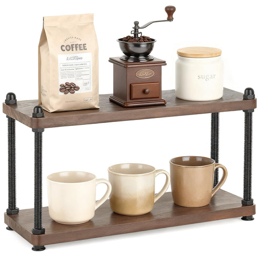 Mkono Coffee Station Organizer Wooden Mug Holder for Countertop Cup and Mug Shelf for Coffee Bar Accessories Rustic Matcha Stand 2 Tier Storage and Display Rack for Tea Cups Kitchen Office