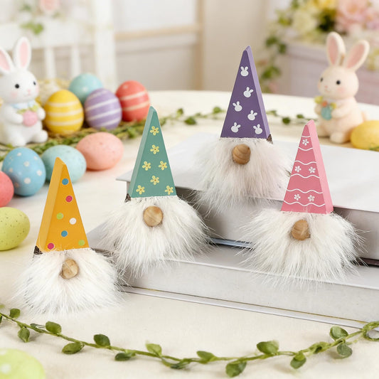 DAZONGE Easter Decorations, Easter Gnome Decor, 4PCS Wooden Spring Gnomes with Faux Fur Beards, Cute Gnome Figurines for Tiered Tray Mantel Shelf Table