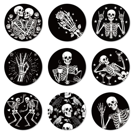 ANATTASOUL Coasters Set of 9 Funny Skeleton Skull Colorful Wooden Coasters Bulk Round Housewarming Gift for New Home, 3.9" Decorative Coffee Table Protection for Farmhouse Bar Decor