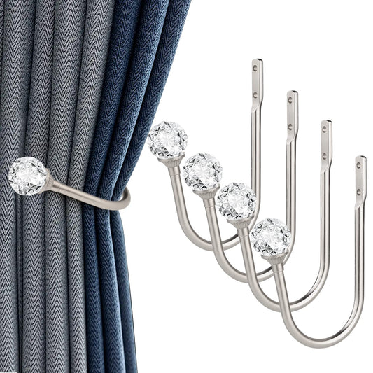 gobutend Curtain Holdbacks, 4 pcs Curtain Tiebacks Hooks for Drapes with Clear Crystal Ball, Wall Mounted Window Curtain Holder for Home Decor, Silver
