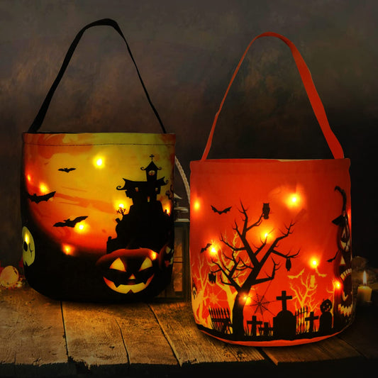 Cnorialy 2PCS Halloween Candy Bucket with LED Light Halloween Basket Trick or Treat Bags Reusable Tote Bag Pumpkin Candy Gift Baskets for Adults Party Supplies Favors