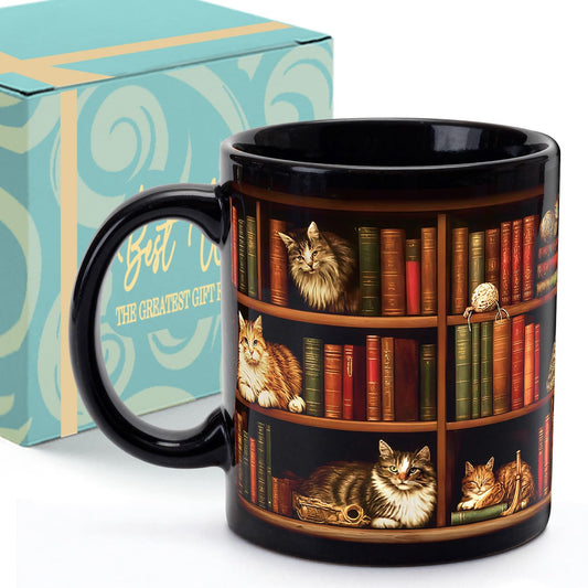 Palasarkaaa Cat Bookshelf Coffee Mug Gifts for Book Lovers, Book Lover Bookish Gifts for Bookworm Women Readers Librarian Writer, Cat Lovers Black Mugs 11oz