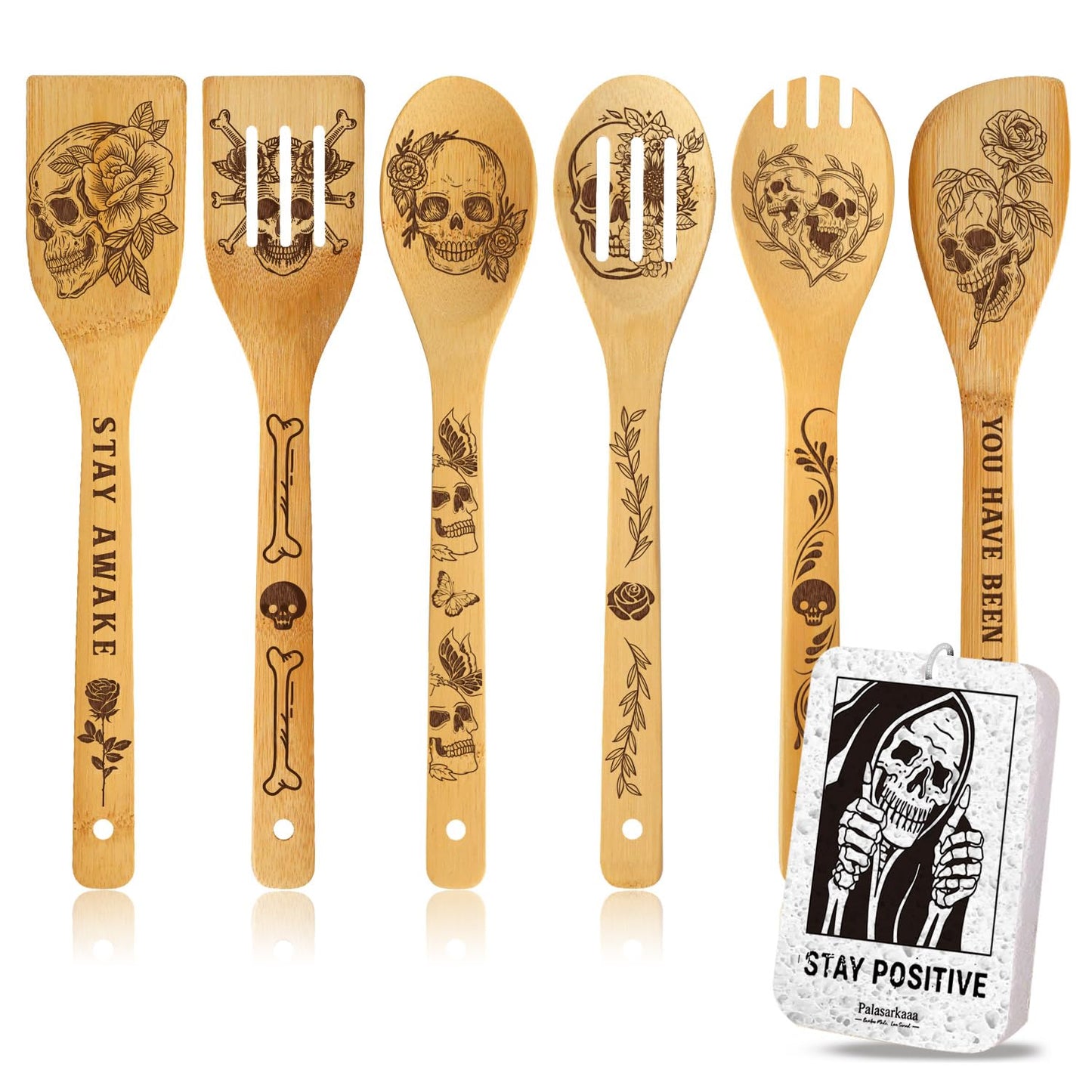 6 Pcs Skull Engraved Bamboo Cooking Utensils Set, Halloween Gifts for Friends, Cool Cooking Spoons Set Gift for Women Men, Birthdays Housewarming Gifts