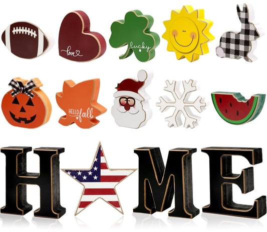 Interchangeable Home Table Signs with 11Pcs Seasonal Icons, Wooden "HOME" Letter Signs Interchangeable Holiday Decorative Table Shelf Centerpiece for Holiday Room Decoration