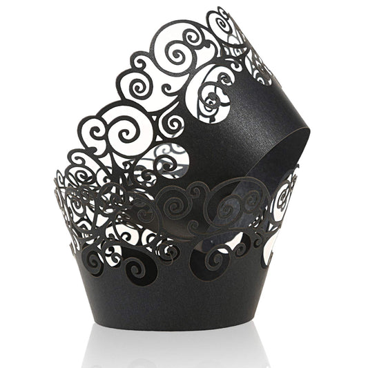 Cupcake Wrappers, KPOSIYA 100 Pack Cupcake Wraps Filigree Artistic Bake Cake Paper Cup Little Vine Laser Cut Liner Baking Cups Muffin Case Trays for Wedding Party Birthday Decoration (100, Black)