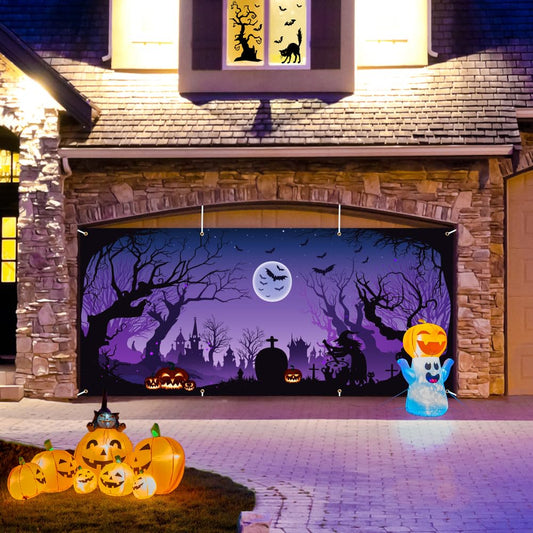 Lofaris 6x13ft Halloween Garage Door Cover Banner Purple Night Bat Full Moon Witch Graveyard Glowing Pumpkin Decor Outdoor Indoor Spooky Party Wall Window Yard Photography