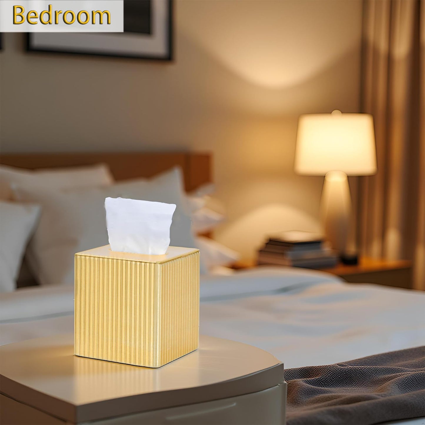 Gold Tissue Box Cover Holder, Square PU Leather Decorative Organizer for Home, Office, Bathroom, Tabletop