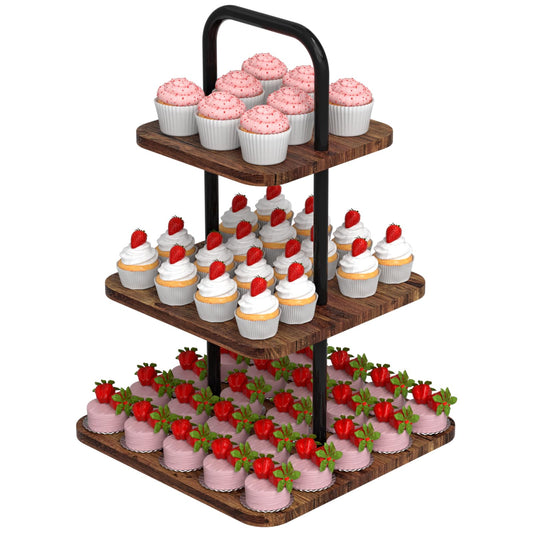 VyGrow Cupcake Stand, 3-Tier Dessert Stand for 32 Cupcakes, Wood & Metal Tower Display Premium Holder Dessert Tree Tower for Christmas Birthday Weddings Party Decor, Serving Tray, Wood Brown