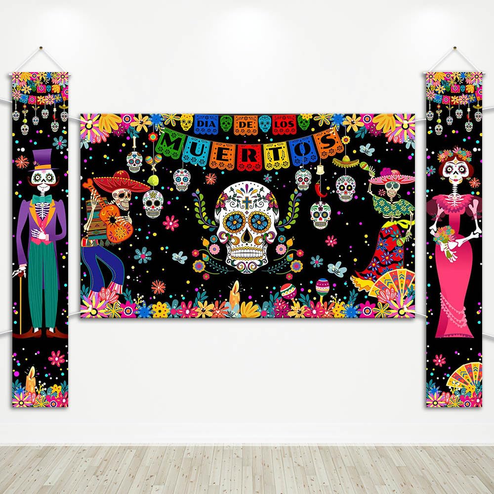 Avezano Day of The Dead Decorations 3 PCS Dia de Los Muertos Banners Mexican Dia de Los Muertos Party Decor Day of Dead Supplies Indoor Outdoor