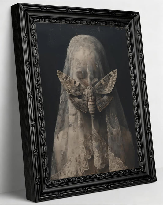 Kofeehic Framed Dark Academia Wall Art,Moth Lace Veil Woman Canvas Prints,Victorian Gothic Painting Artwork,Vintage Moody Romance Aesthetic Pictures Wall Decor for Living Room Bedroom 9x11in