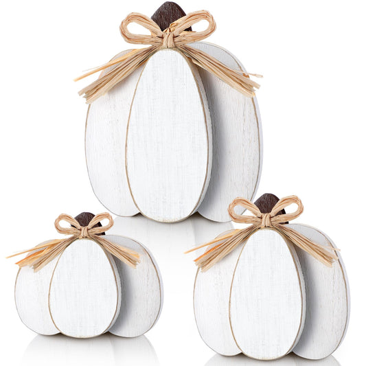 Ferraycle 3 Pcs Fall Pumpkin Decor Fall Wooden Signs 3D Pumpkin Tabletop Decor Farmhouse Sign Rustic Tiered Tray Decorations Block Centerpieces Standing Sign for Home Kitchen Harvest(White Color)