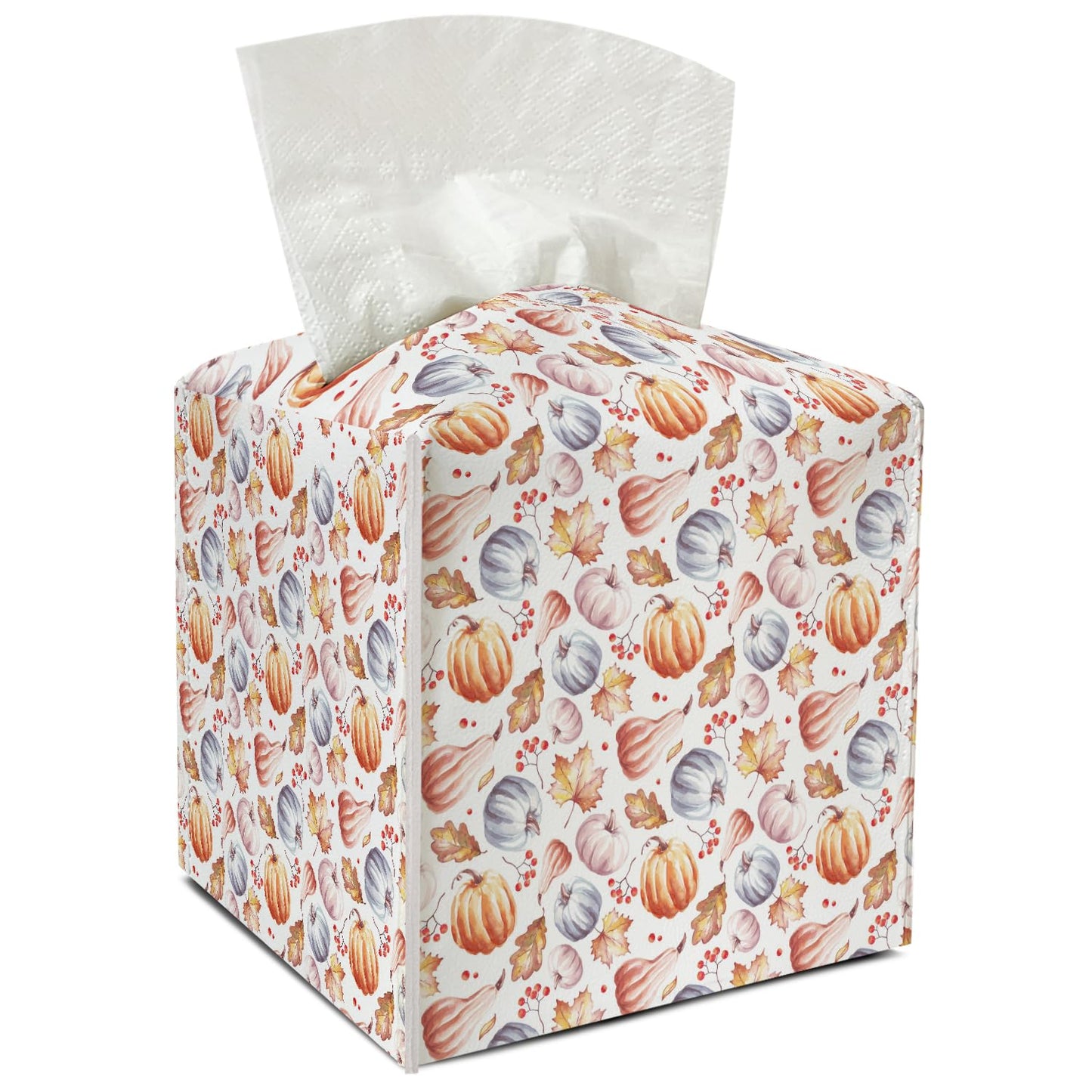 Autumn Pumpkin Leather Tissue Holder with Bottom Belt Ideal for Thanksgiving Fall Housewarming Gift Tissue Box Cover Bathroom Car Nightstand Kitchen Decor Waterproof Napkin Organizer Dispenser - FS727