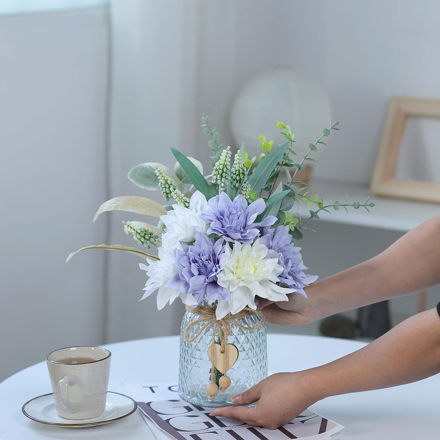 Faux Flowers with Vase,Artificial Silk Flowers in Vase, Fake Plant Eucalyptus and Willow,Flower Arrangement for Home Farmhouse kitchen Dining Table Centerpiece Decorations Table Decor (Dusty Purple)