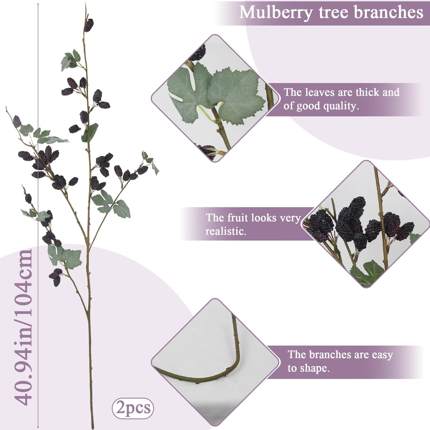 CITYES 2 Pcs Faux Berry Stems Realistic Black Raspberry Berries Flowers Faux Mulberry Picks Artificial Flowers Branches for Indoor Home Decor Vase Thanksgiving Farmhouse Christmas DIY Mantel Harvest